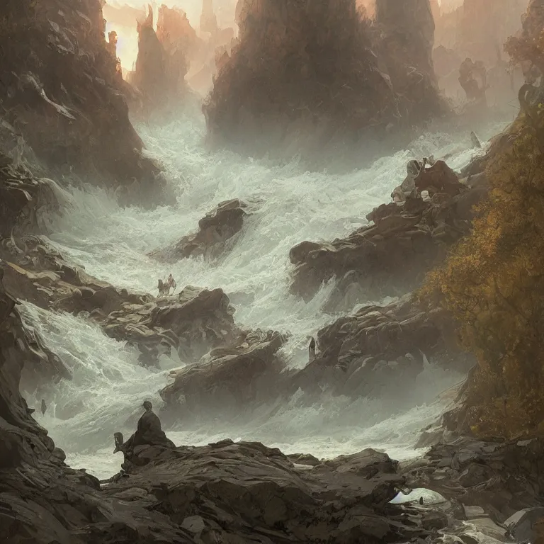 Prompt: a beautiful painting of the view from the whitewater river of caverns measureless to man down to a sunless sea, intricate, elegant, highly detailed, digital painting, artstation, concept art, by krenz cushart and artem demura and alphonse mucha