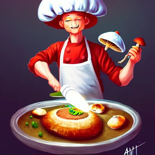 Image similar to a mushroom chef cooking a meal, fantasy illustration, detailed digital painting, trending on artstation