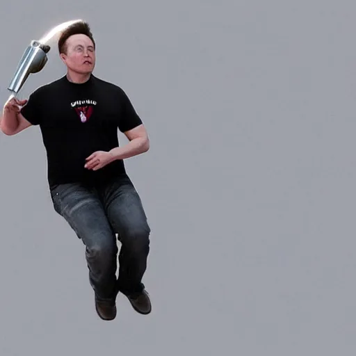 Image similar to paparazzi shot of elon musk grabbing on a rocket in mid-air, horror face, highly detailed skin, highly detailed face