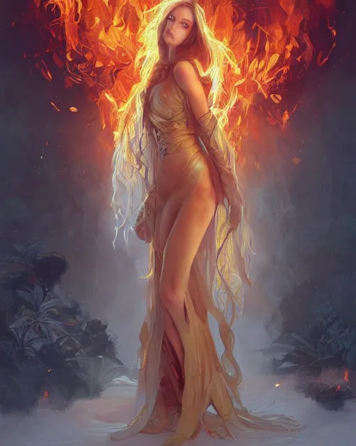 Image similar to beautiful long haired girl, fire dress, full body photo, flames everywhere, highly detailed, digital painting, artstation, concept art, smooth, sharp focus, illustration, art by artgerm and greg rutkowski and alphonse mucha