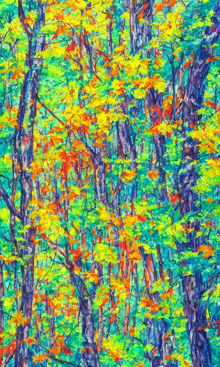 Image similar to a detailed painting in the style of anime of a colorful forest