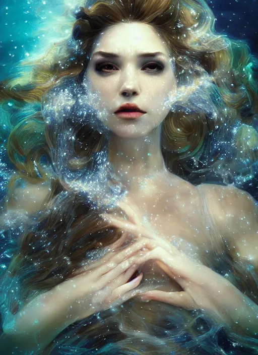 Image similar to an underwater photographic portrait of a woman created out of starlight and smoke, cinematic, volumetric lighting, beautiful fantasy, intricate, elegant, highly detailed, digital painting, artstation, concept art, smooth, sharp focus, illustration, art by ayami kojima, artgerm and h r giger and alphonse mucha