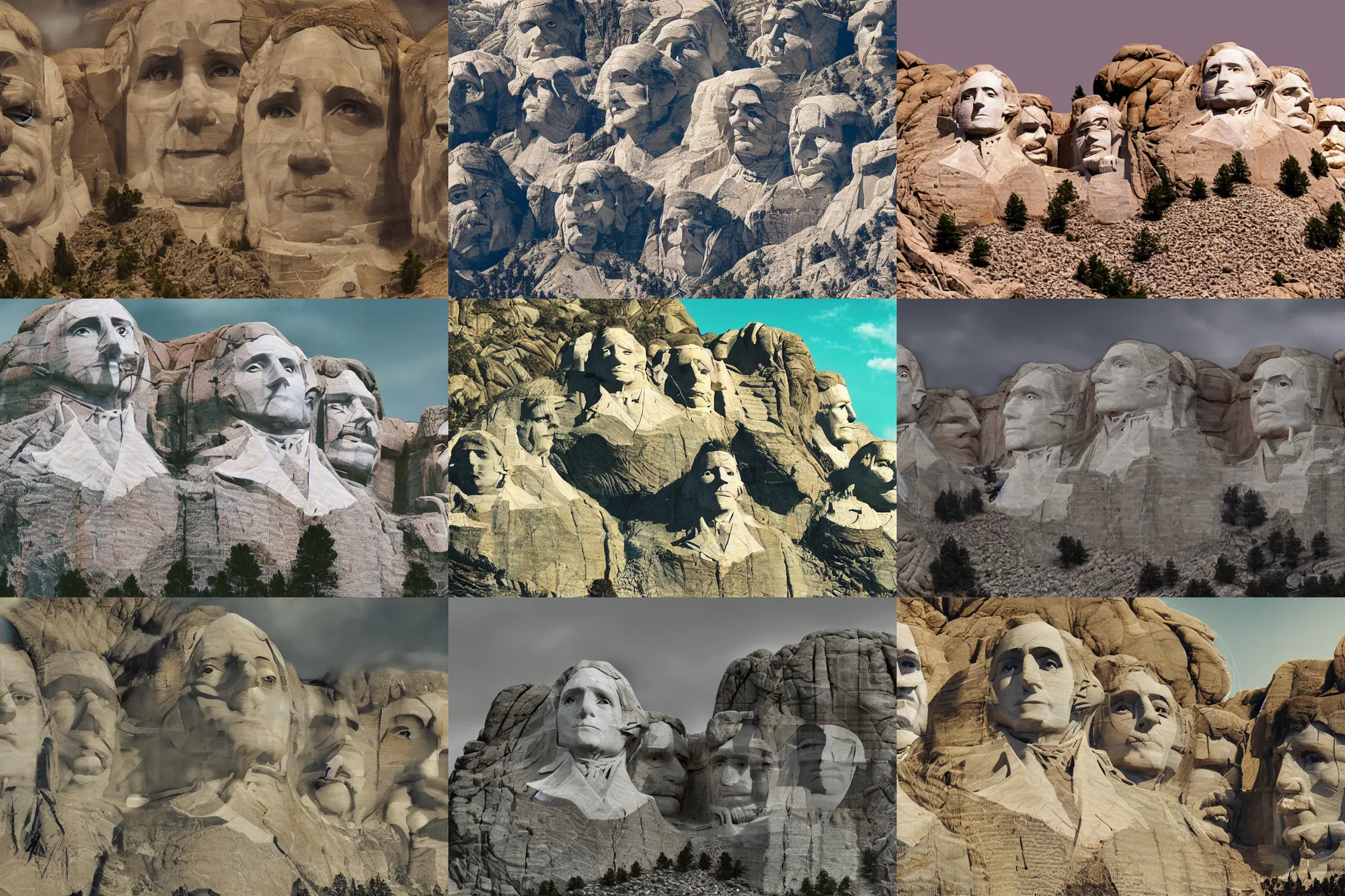 Prompt: wide angle view, bird heads carved on mount rushmore, photorealistic, concept art, digital art, insane details, daylight, tele photo lens, octane render, 8 k