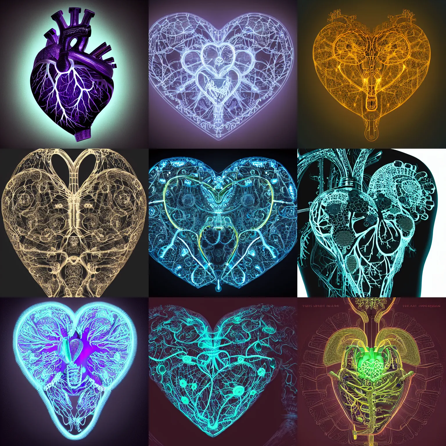 Prompt: a human heart as an intricate detailed ornate bioluminescent organic machine, volumetric lighting, dark background