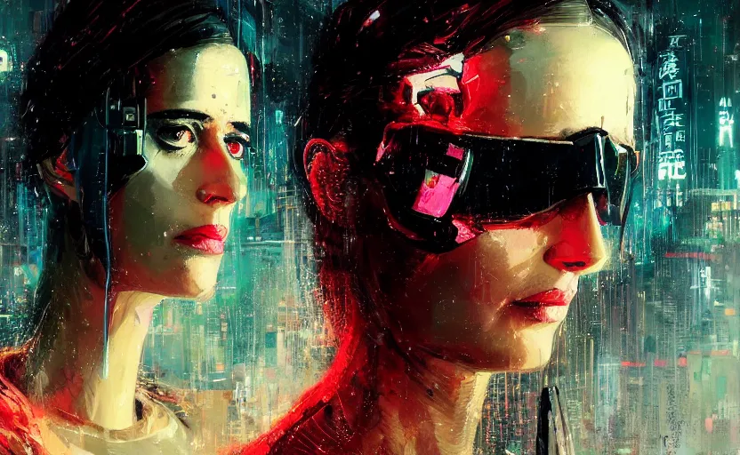 Prompt: detailed film still of portrait neon operator lady eva green in the movie blade runner, messy ponytail, cyberpunk futuristic, neon, reflective puffy coat, decorated with traditional japanese by ismail inceoglu dragan bibin hans thoma greg rutkowski alexandros pyromallis nekro, illustrated, perfect face, fine details, realistic shaded, fine - face,