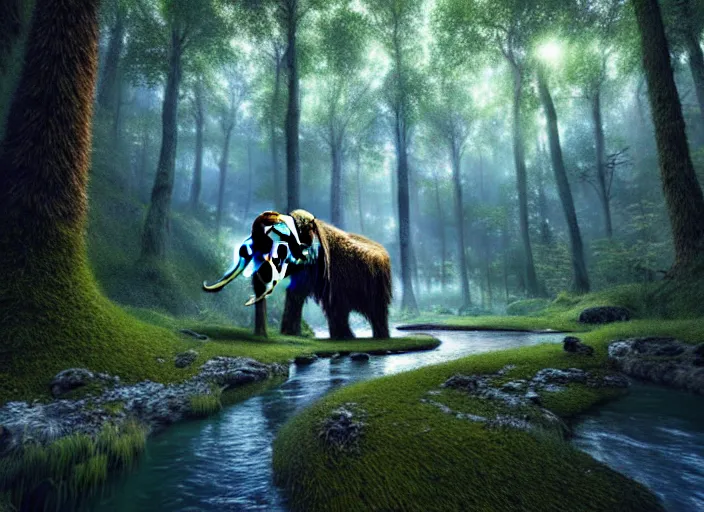 Prompt: hyperrealism, detailed textures, photorealistic, 3 d render, a surreal mystical forest with a bright blue winding creek, a wooly mammoth grazing, ultra realistic cinematic, intricate, cinematic light, concept art, illustration, art station, unreal engine