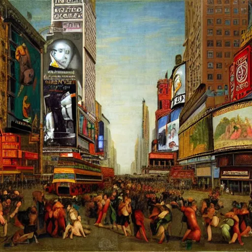 Prompt: times square, new york as painted by raphael in 1 5 1 1, renaissance, broad daylight