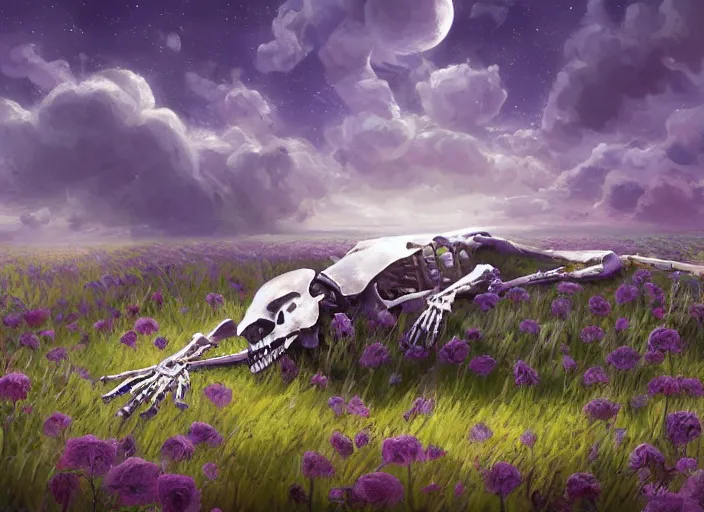 Image similar to a knight's skeleton killed long ago lays in a vast flower field in the cosmic sky by vladimir volegov and alexander averin and peder mørk mønsted and ross tran and raphael lacoste