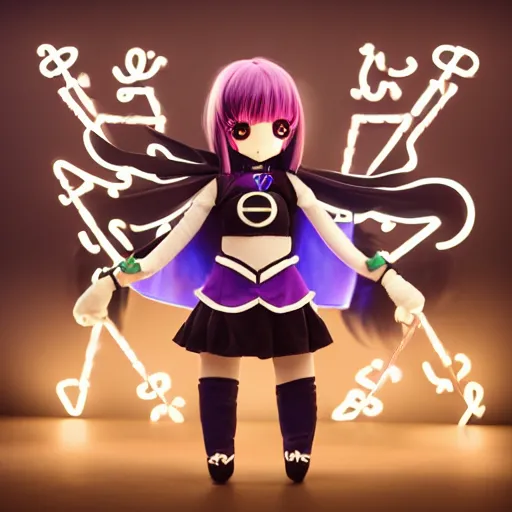 Prompt: cute fumo plush of a superheroine girl, magical girl, gothic maiden anime girl, glowing writing glyphs, velvet, black and white, vray