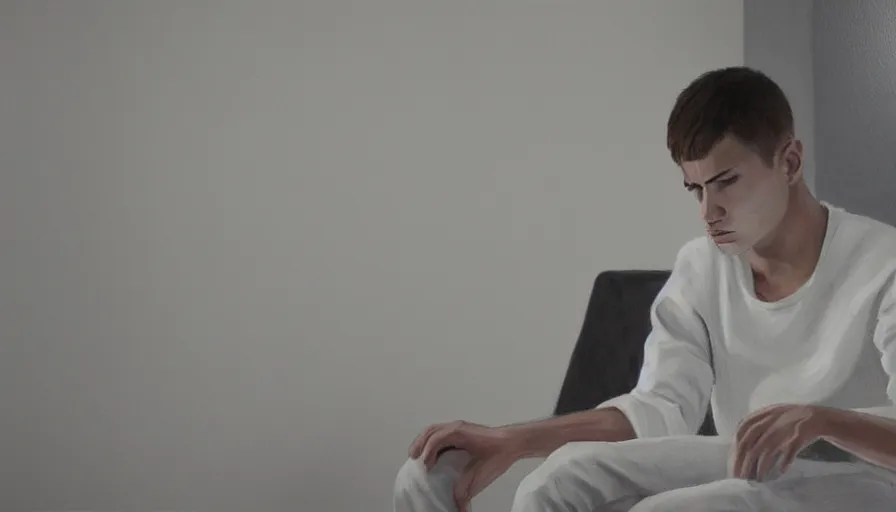 Prompt: a lonely sad young man in white clothes sits in a clean white empty apartment and stares into the distance, photorealistic painting