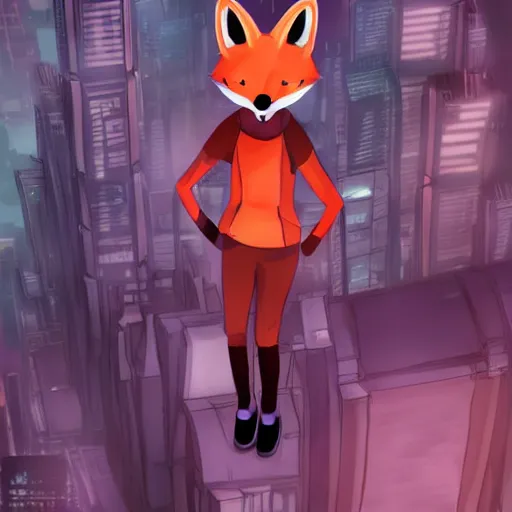 Prompt: an anthropomorphic fox with a fluffy tail staring over a futuristic city from the top of a roof, comic art, trending on furaffinity, cyberpunk, backlighting, cartoon