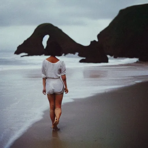 Prompt: a film photo young 20s something woman walking on beach in Oregon, Kodak gold 200 film, trending on instagram