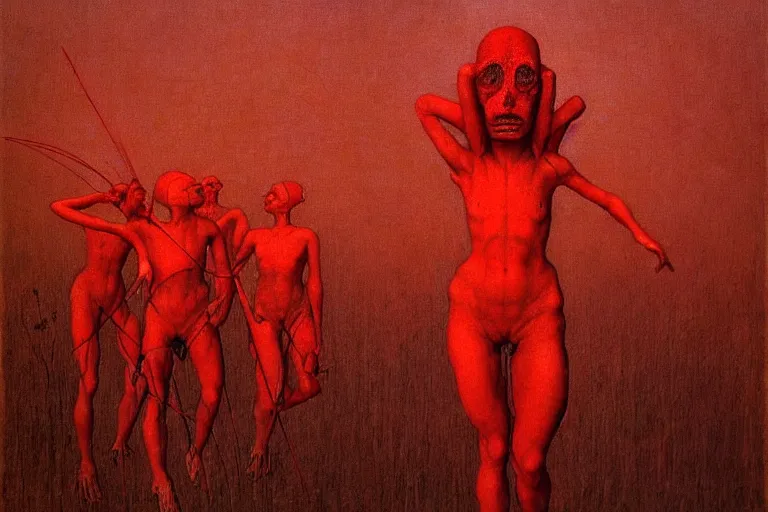 Image similar to only with red, red flowers of different types, a red tiger, a castle in the background, medieval demons dance over the flowers, an ancient path, in the style of beksinski, part by hopper, part by rodcenko, part by hofbauer, intricate composition, red by caravaggio, insanely quality, highly detailed, masterpiece, red light, artstation