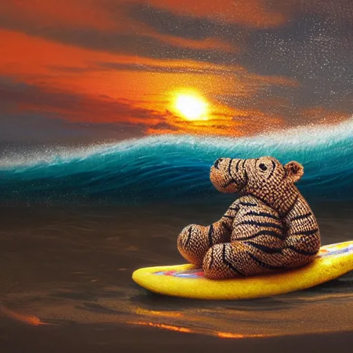 Prompt: a closeup photorealistic render of a cute knitted tiger hippopotamus riding a large wave at sunset. surf in the background. intricate stitching. professional capture. brightly lit scene. this 4 k hd image is trending on artstation, featured on behance, well - rendered, extra crisp, features intricate detail, epic composition and the style of unreal engine.