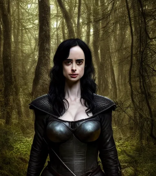 Image similar to 5 5 mm close up portrait photo of krysten ritter as yennefer of vengerberg in black leather armor and black hair, in a forest. magical atmosphere. art by greg rutkowski. lifelike. very detailed 8 k. intricate. soft light. nikon d 8 5 0.