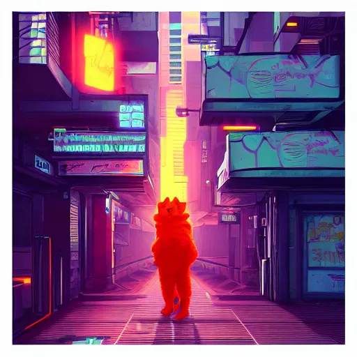 Prompt: Orange tabby cat walks through streets of a cyberpunk city, synthwave, Retrowave, trending on Artstation