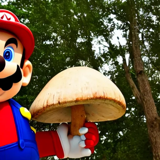 Prompt: photo of mario finding a giant mushroom, exhilarated, portrait, closeup. mouth open, 30mm, bokeh