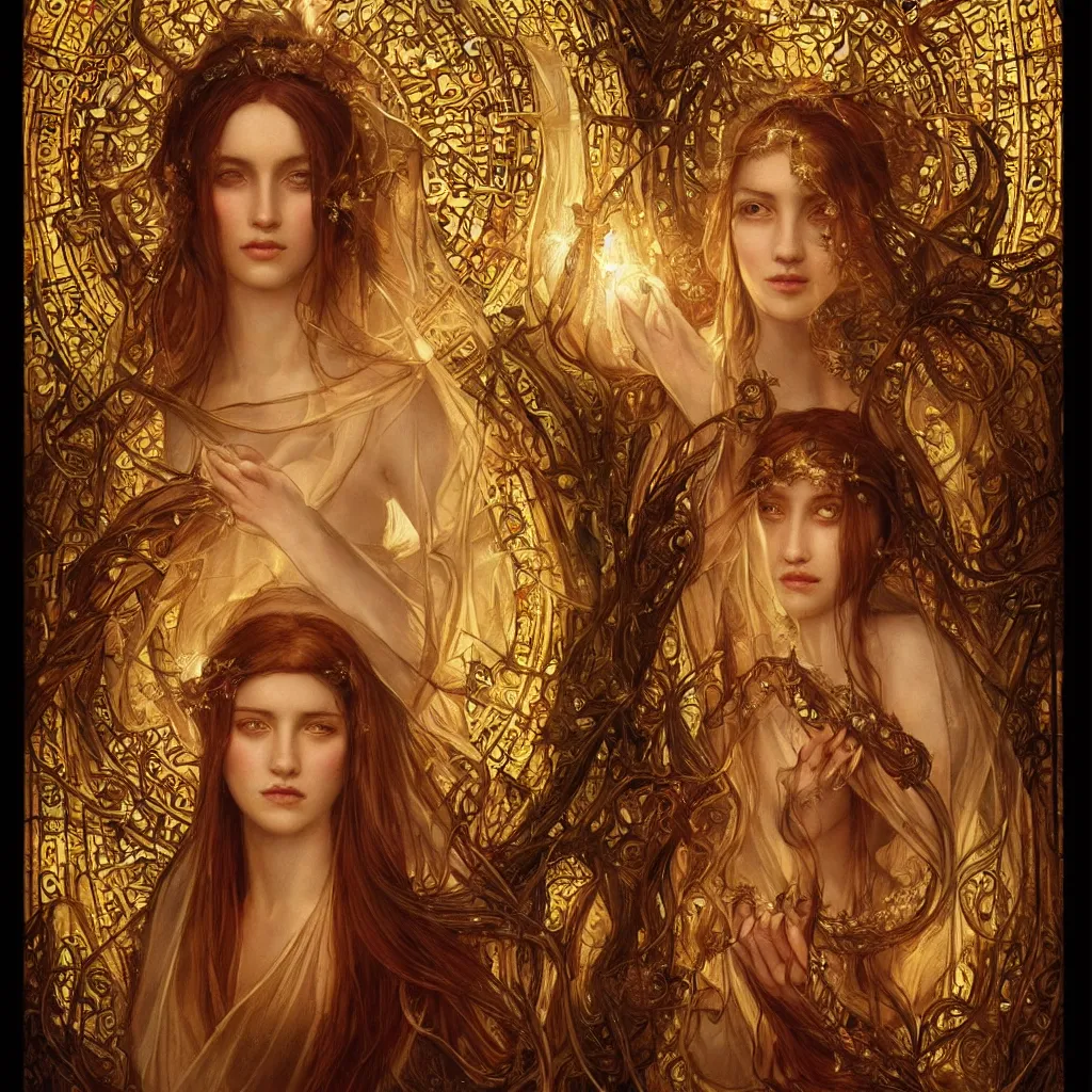 Prompt: ultra realist breathtaking detailed soft painting of a beautiful lonely bride, a circle of light around her head, long fire hair and dress of fireflies, symmetrical facial features, christian saint in the middle of a stained glass of flames, intricate golden art nouveau frame, by Tom Bagshaw, wlop, trending on artstation