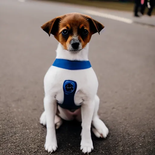 Image similar to a cute puppy wearing a policeman uniform, Canon EOS R3, f/1.4, ISO 200, 1/160s, 8K, RAW, unedited, symmetrical balance, in-frame