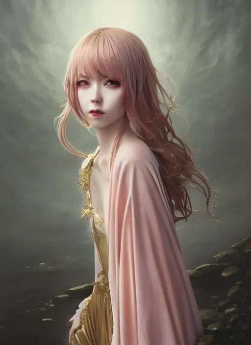 Image similar to dreamlike luxury stunning gothic girl portrait, pale pink and gold kimono, art by artgerm, wlop, loish, ilya kuvshinov, 8 k realistic, hyperdetailed, beautiful lighting, detailed background, depth of field, symmetrical face, frostbite 3 engine, cryengine,