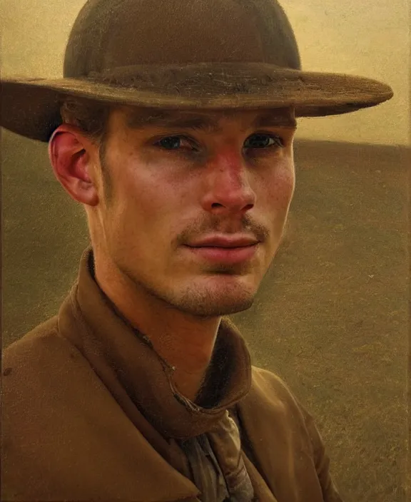 Prompt: portrait of a handsome young dutch farmer, art by denys tsiperko and bogdan rezunenko and odd nerdrum, hyperrealism