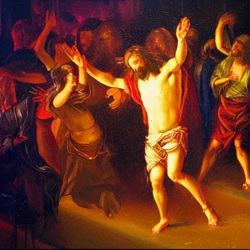 Prompt: oil painting of Jesus dancing drunk at a club, RGB floor, lasers, motion blur, very detailed oil on canevas, renaissance