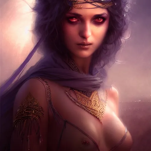 Image similar to arabian nights, character portrait, sharp, digital matte painting, art by luis royo, greg rutkowski, wlop, dramatic lighting, trending on artstation