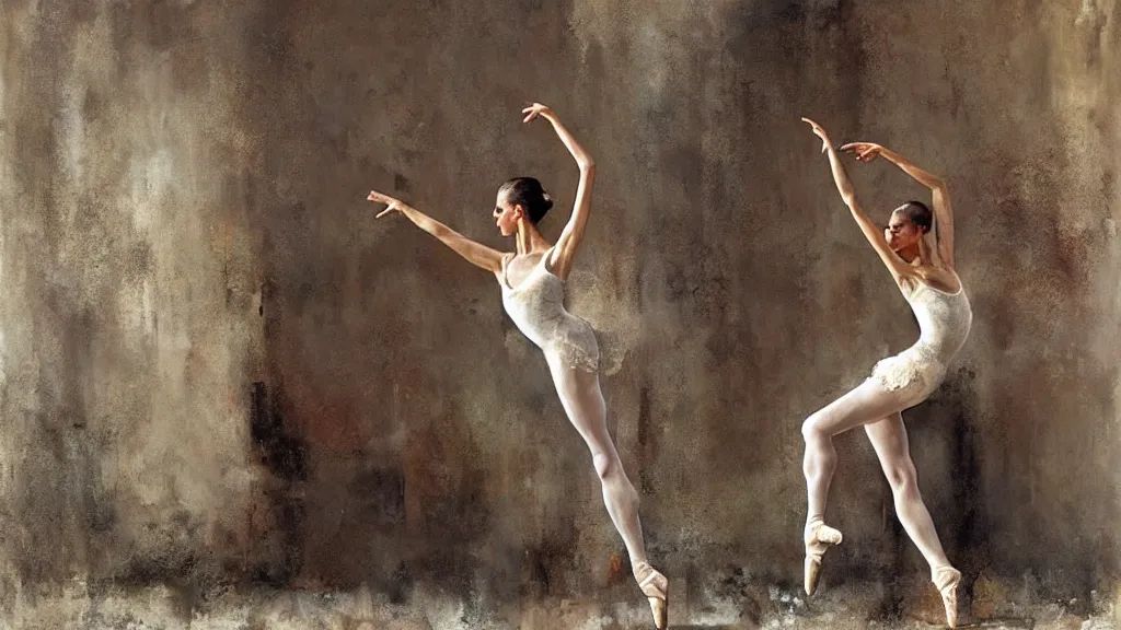 Prompt: photorealistic painting : ballerina dancing in front an dirty wall by craig mullins, oil on canvas, melancholic setting with interesting composition, realistic human with happy expression