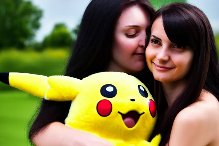 Image similar to a young skinny woman with long dark hair hugging a pikachu