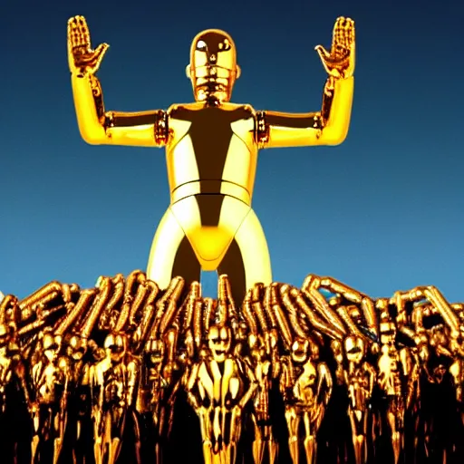 Prompt: artificial intelligence, the new golden calf idol, humans on their knees look