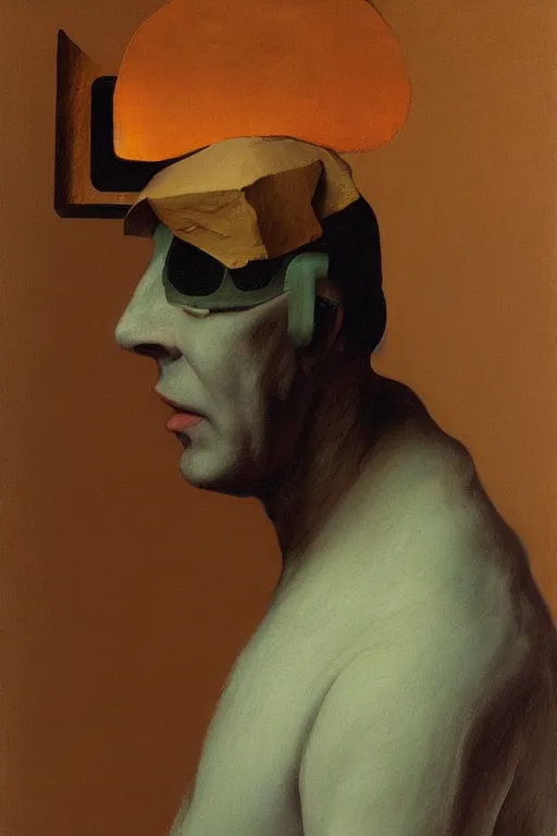 Prompt: Carpenter wearing oculus and tobacco over his head, Edward Hopper and James Gilleard, Zdzislaw Beksisnski, highly detailed