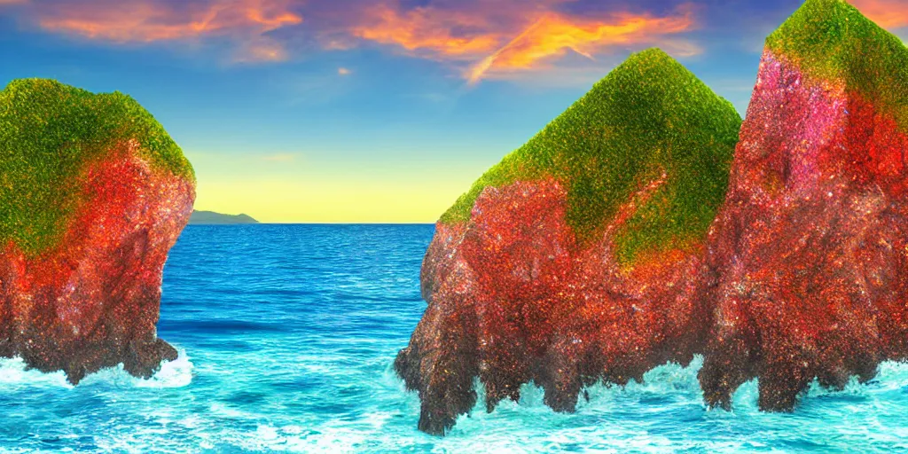 Image similar to glittering multicolored crystal cliffs, viewed from the ocean, high quality digital art,