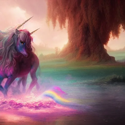 Prompt: Unicorn made of rainbow cotton candy, eerie, emotion, scenery, oil painting, Tooth Wu, Greg Rutkowski, RPG, dynamic lighting, fantasy art, high contrast, depth of field, landscape, scenery