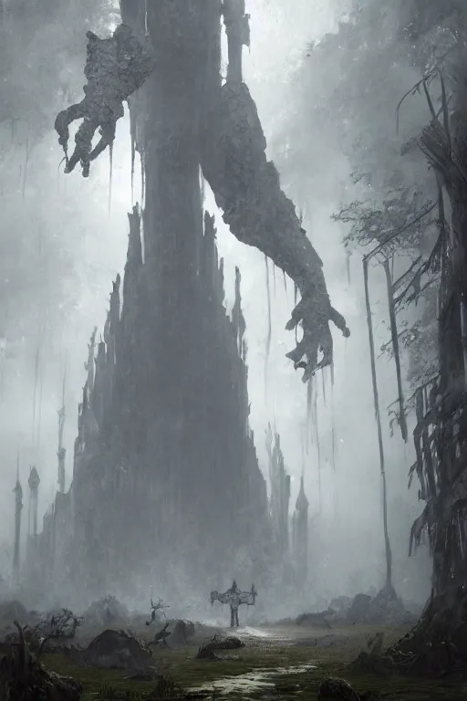 Prompt: a humanoid giant with four arms and bird feet | ruined cathedral | misty swamp | fantasy concept art by greg rutkowski