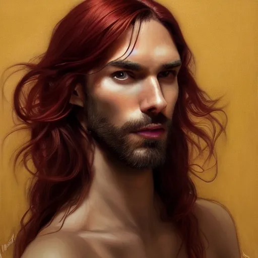 Image similar to portrait of a panther with a humanoid face, male, handsome, masculine, full body, red hair, long hair, soft hair, fantasy, intricate, elegant, highly detailed, suit, coffee shop, digital painting, artstation, concept art, character art, smooth, sharp focus, illustration, art by artgerm and greg rutkowski and alphonse mucha