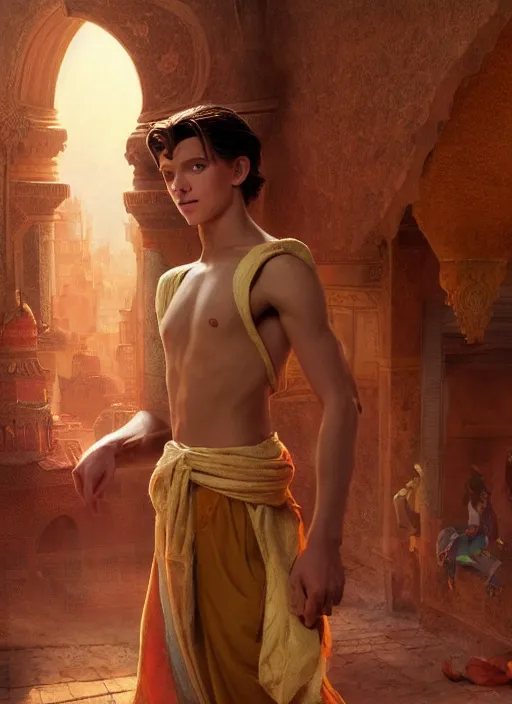 Prompt: skinny young tom holland as aladdin in the sultan's palace, dynamic lighting, path traced, atmospheric, highly detailed, high quality, beautiful painting, octane render, don bluth, ross tran, studio ghibli, alphonse mucha, jama jurabaev, extremely detailed, brush strokes, artstation, artgerm