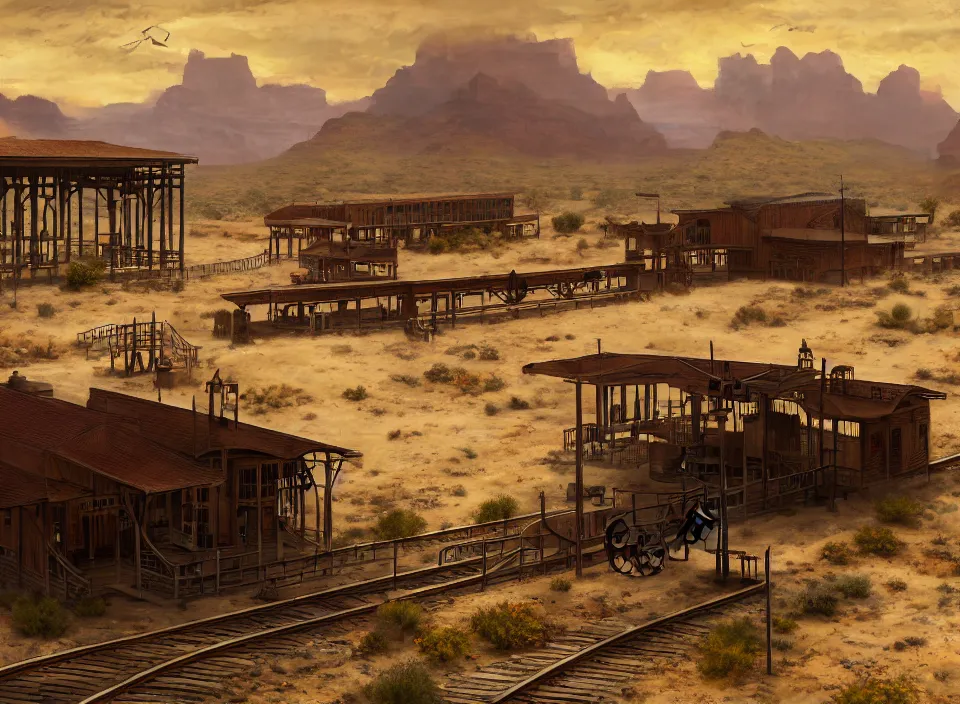 Image similar to a train station as the period of the wild west concept art, historical setting, desert environment, serene lighting, atmospheric, cinematic, gorgeous, in the style of diego koi, gina heyer, luiz escanuela, art by alyssa monk, hyperrealism, rule of thirds, golden ratio, oil on canvas, 8 k