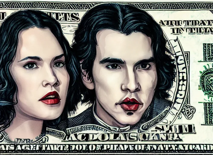 Image similar to reylo kiss on a dollar bill