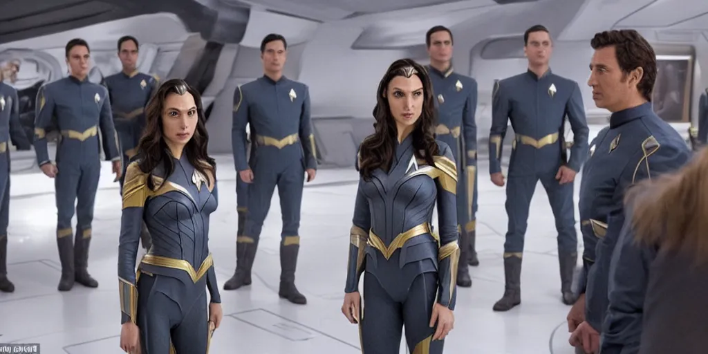 Image similar to gal gadot, in full starfleet uniform, is the captain of the starship enterprise in the new star trek movie