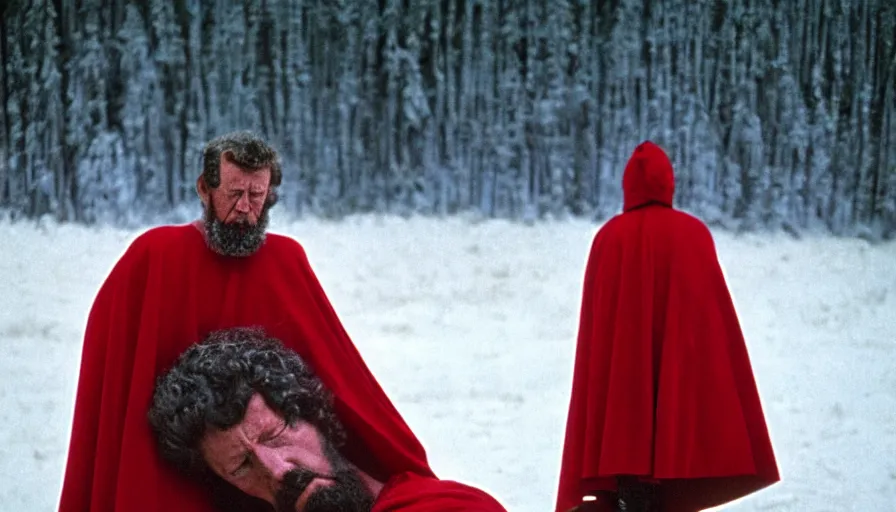 Prompt: 1 9 6 0 s movie still close up of marcus aurelius tired in a royal amor with red cape frozen to death under the snow by the side of a river with gravel, pine forests, cinestill 8 0 0 t 3 5 mm, high quality, heavy grain, high detail, texture, dramatic light, anamorphic, hyperrealistic, detailed hair, foggy