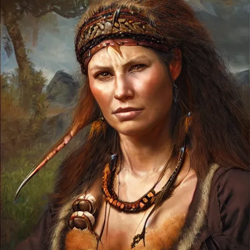 Image similar to portrait of a germanic hunter - gatherer tribe woman ( 3 5 ) from the the netherlands, an oil painting by ross tran and thomas kincade