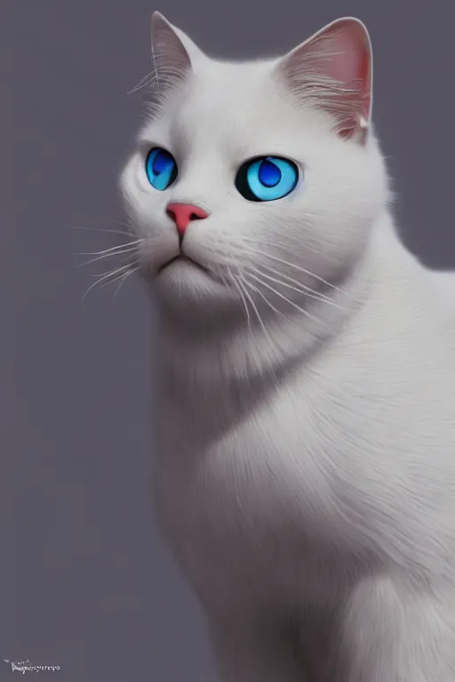 Image similar to a white cat with blue eyes wearing a red formal overcoat, hyperrealistic, concept art, octane render, unreal engine 5, realistic and defined face, profile picture, digital art, pixar and disney style, symmetrical, high quality, highly detailed, high coherence, path traced, house background, low contrast, beautiful, elegant clothes