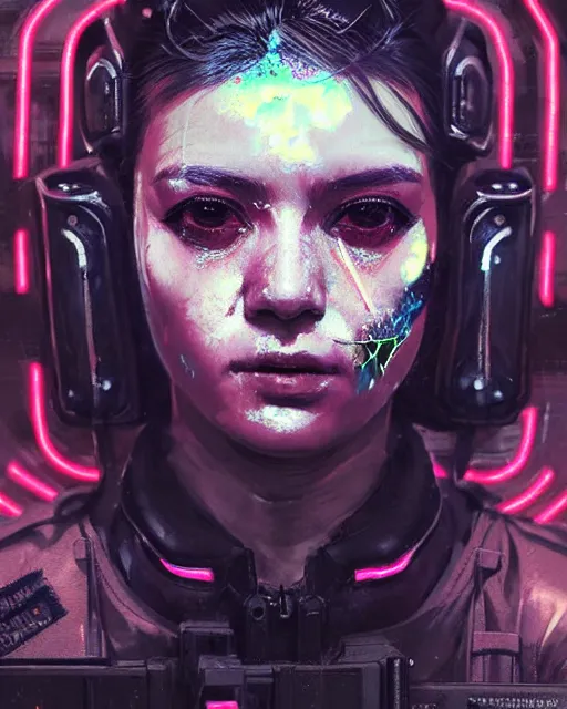 Image similar to detailed portrait neon female swat officer, cyberpunk futuristic, neon, reflective puffy coat, decorated with traditional japanese by ismail inceoglu dragan bibin hans thoma greg rutkowski alexandros pyromallis nekro rene margitte, metro game, illustrated, perfect face, fine details, realistic shaded, fine - face, pretty face