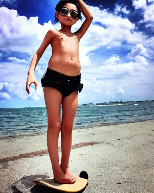 Prompt: low angle iphone HDR photo of beautiful swag Iwakura Lain as a fit slender skateboard kid on the beach wearing rayban shades in Florida, 35mm, cinematic, trending on Instagram, trending on ArtStation, by WLOP, 8k, 4k, HD