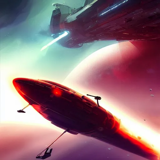 Image similar to sci - fi spaceship in combat, in planet atmosphere and dense fog, explosions, highly detailed, trending on artstation, mate painting