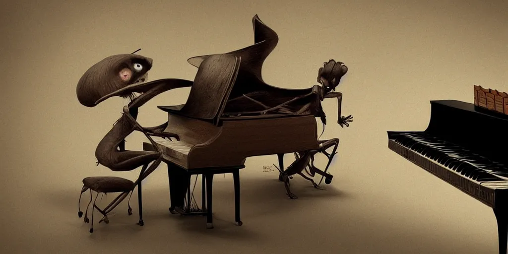 Prompt: a cricket playing a piano like a human, digital art, artstation