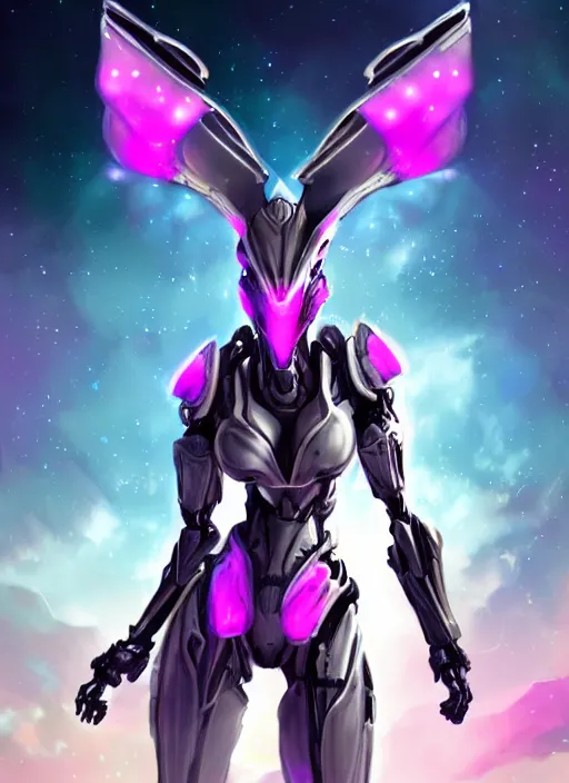 Image similar to detailed cinematic shot, cosmic sized perfectly proportioned stunning beautiful hot female warframe, robot mecha female dragon head, metal ears led eyes, silver armor, fuschia leds, floating in empty space, nebula sized, holding a galaxy, epic proportions, epic size, epic scale, furry art, dragon art, giantess art, warframe fanart, furaffinity, deviantart