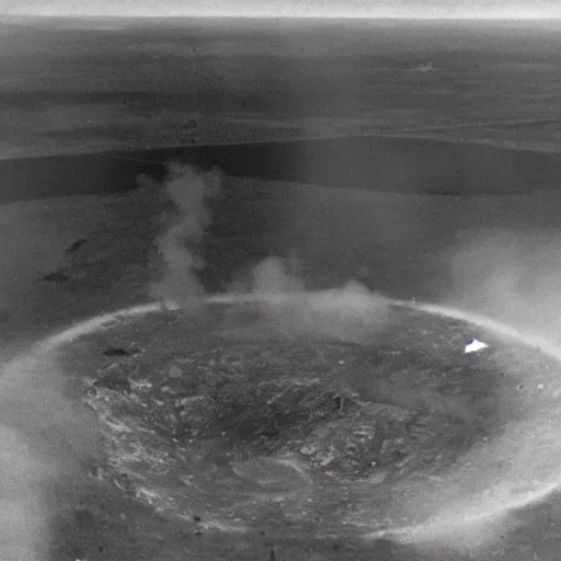 Image similar to a large nuclear crater in manhattan, a destroyed forest is in the distance, there is smoking coming from the city, taken from a plane, realistic, taken on a ww 2 camera.