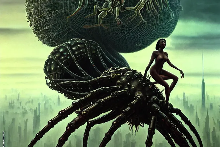 Image similar to realistic detailed closeup portrait movie shot of a beautiful black woman riding a giant spider, dystopian city landscape background by denis villeneuve, amano, yves tanguy, alphonse mucha, max ernst, ernst haeckel, edward robert hughes, roger dean, cyber necklace, rich moody colours, sci fi patterns, wide angle