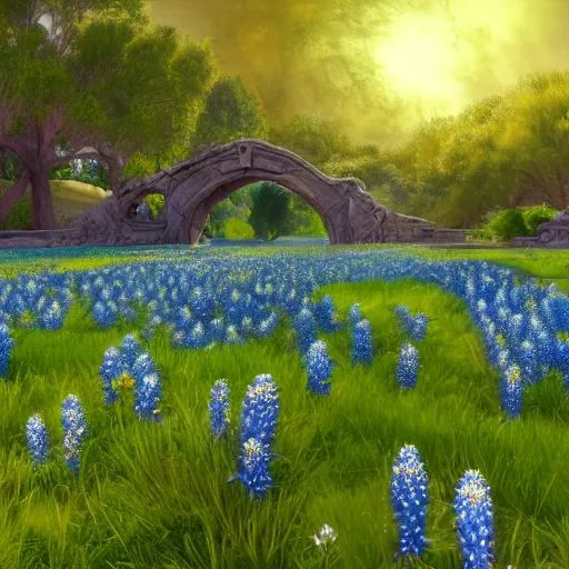 Image similar to a beautiful and detailed picture of gateway to hades surrounded by a field of bluebonnets, in the style of magic the gathering, highly detailed, digital painting, god rays, volumetric lighting, octane render, 4 k resolution, art by adam paquette and johann bodin and jason rainville